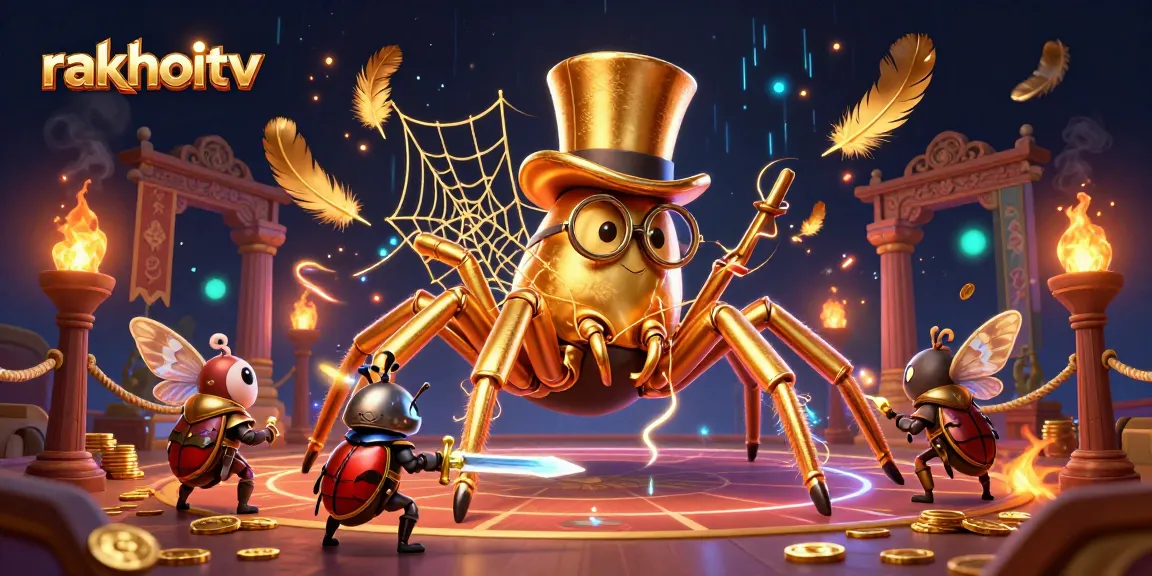 rakhoitv showcases a lively casino scene with a golden tarantula and beetle knight amidst swirling gold and ember.