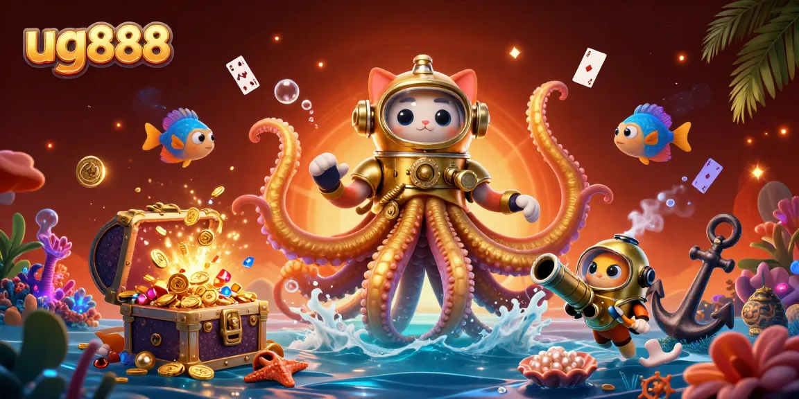 Engage with ug888 in a vibrant, dynamic underwater casino adventure featuring a kraken and diving cat.