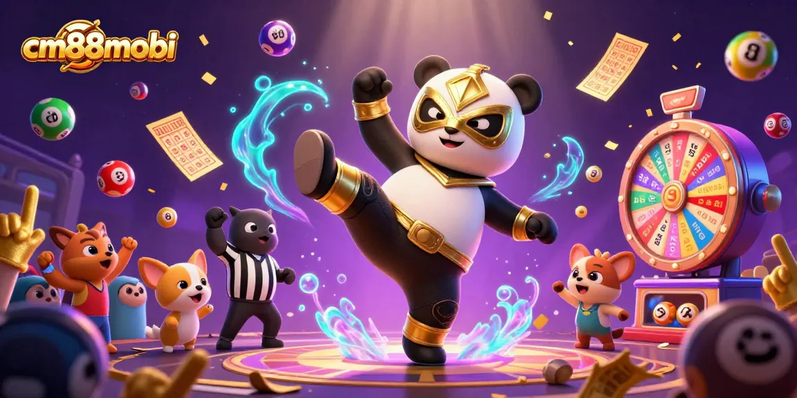 cm88mobi showcases an exciting scene with a panda wrestler and dynamic lottery elements in a vibrant casino setting.