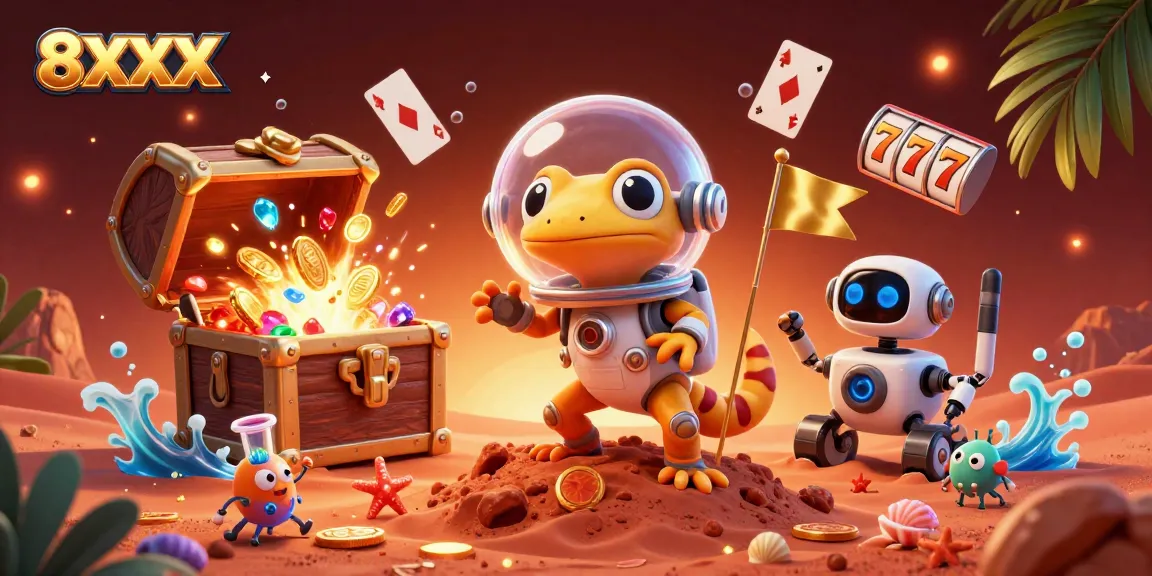 Engage in thrilling gameplay at 8XX's online casino featuring vibrant characters, slot reels, and treasure highlighted.