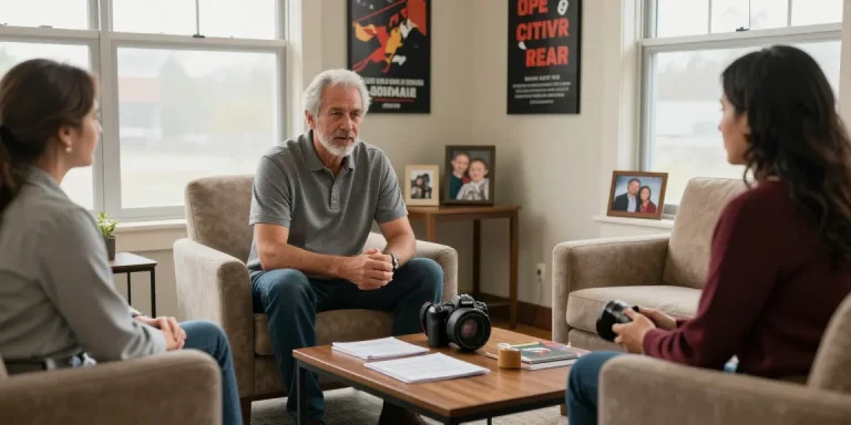 PTSD treatment for veterans in a supportive therapy session with a counselor, highlighting comfort and healing.