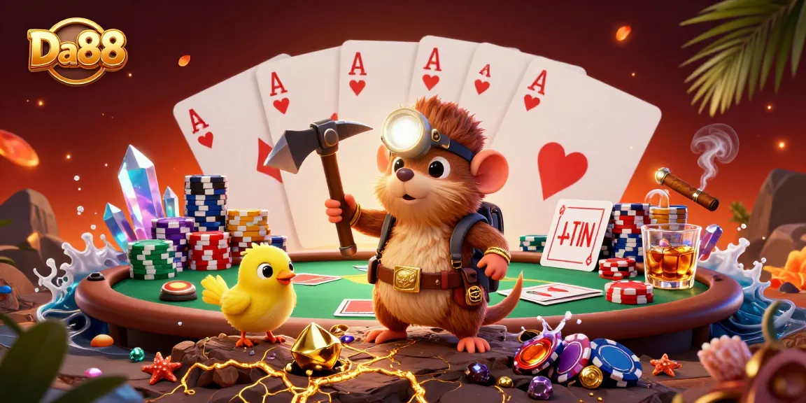 Experience Da88 with a treasure hunter mole mining gems among poker chips and casino elements.