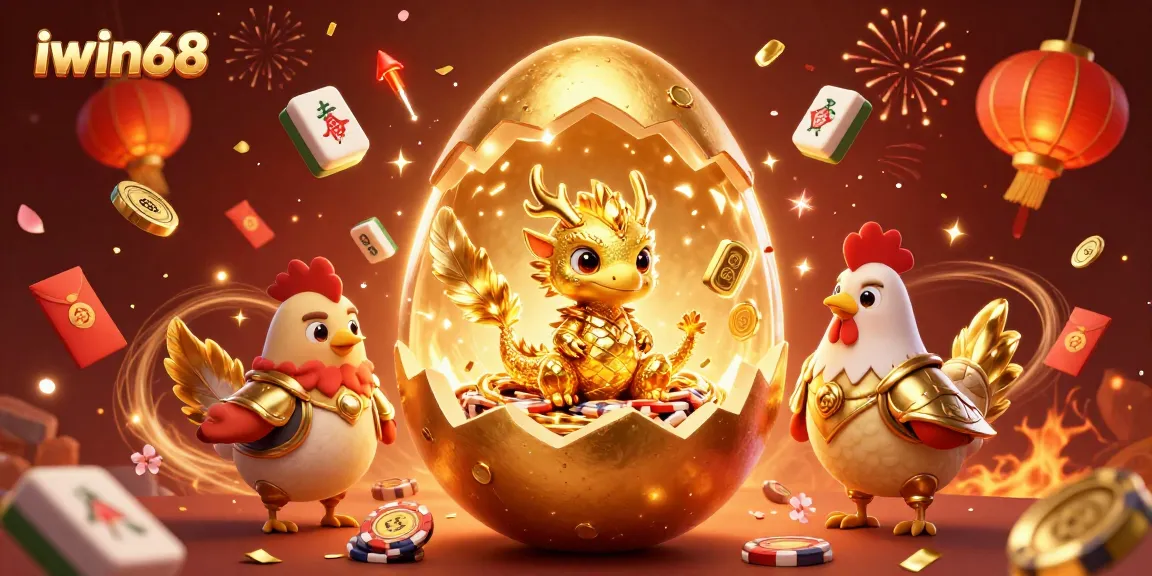 Play exciting games at iwin68 and witness a dazzling dragon guarding poker chips amidst festive elements.