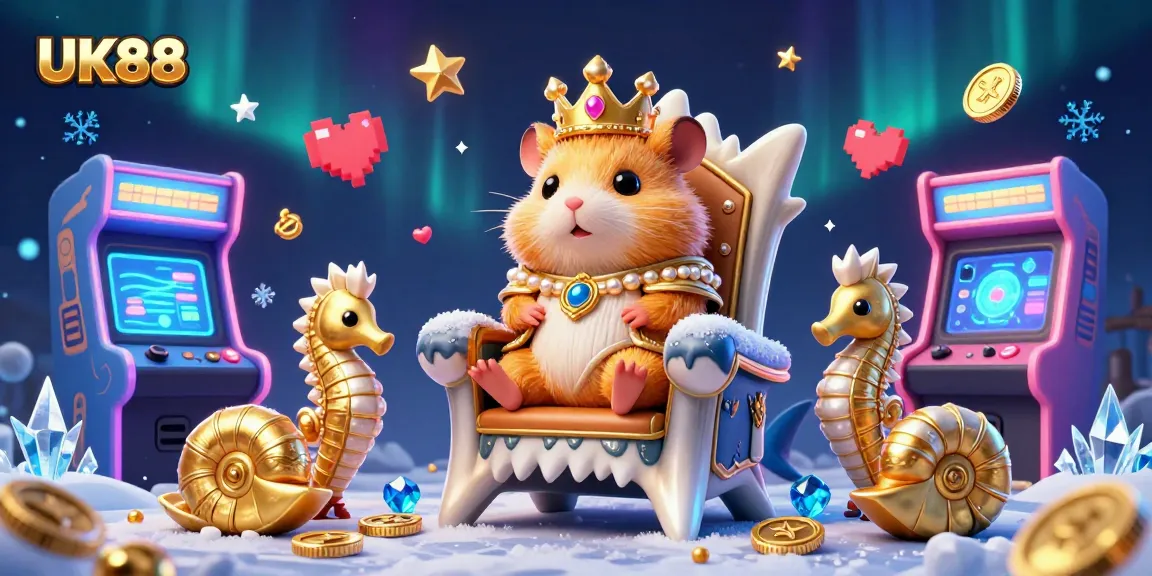 Experience the vibrant gameplay of UK88 with an illustration of a golden hamster king amidst colorful gaming elements.