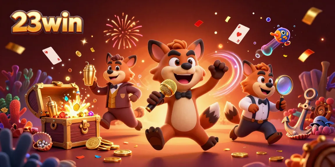 Experience thrilling casino moments with 23win in vibrant 3D illustration as hyenas engage in fun activities.