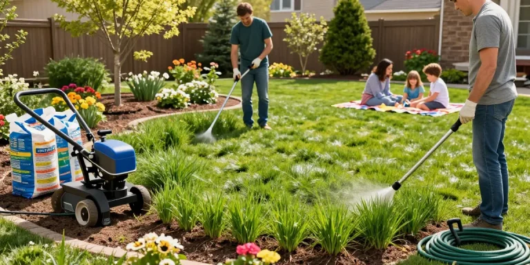 Hydroseeding Ottawa landscape with lush grass sprouts and professional team transforming a backyard.