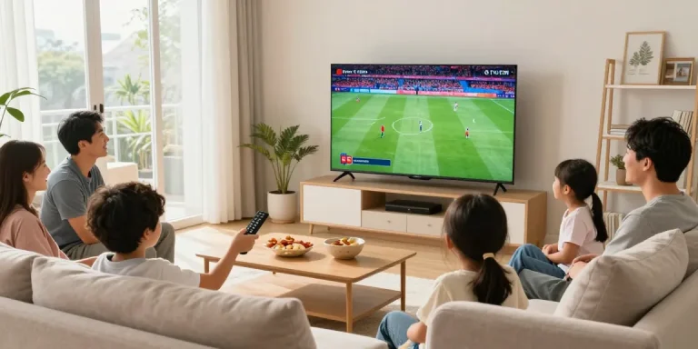 Enjoying Meilleur iptv Canada family entertainment with a vibrant sports match on a smart TV in a bright living room setting