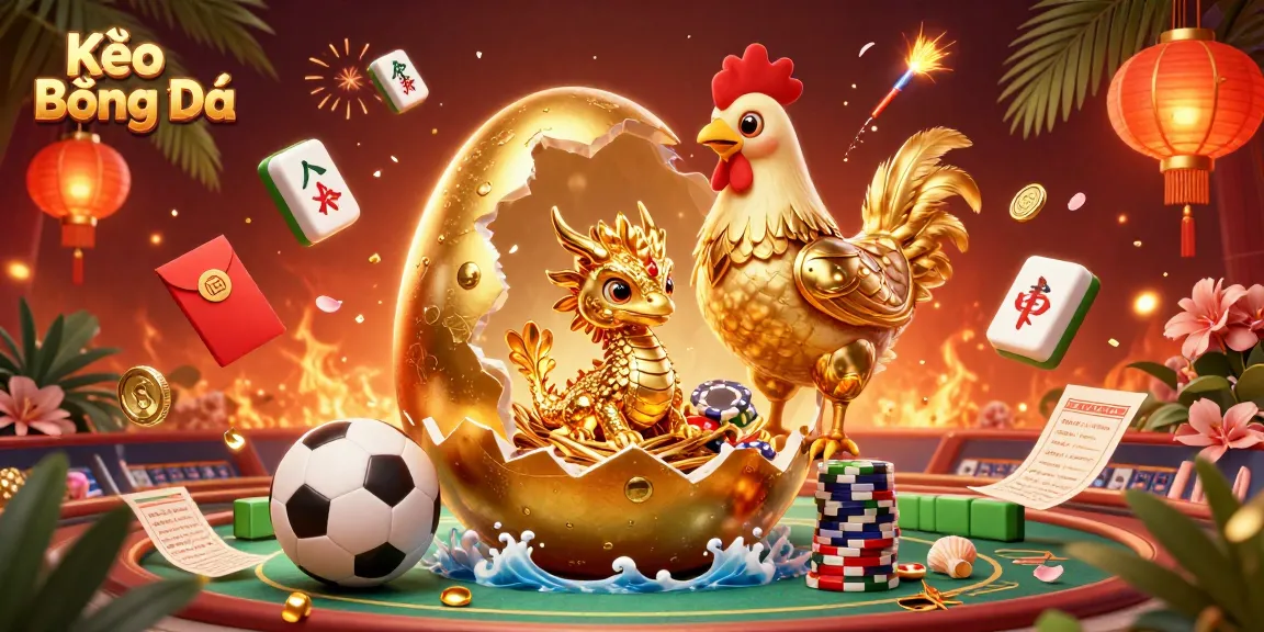 Engage with Kèo Bóng Đá through this vibrant 3D illustration depicting sports betting excitement with a golden dragon.