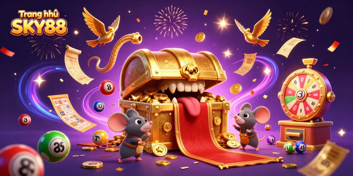 Engage with the excitement of Trang chủ SKY88 as lottery balls and golden treasures create a vibrant casino scene.