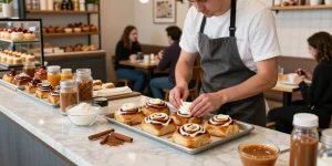 Cinnamon buns Calgary bakery scene with freshly baked buns and a welcoming atmosphere.