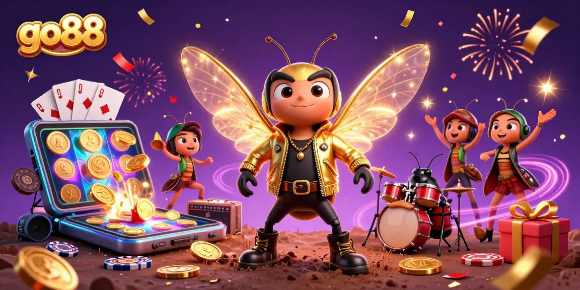 go88 showcases vibrant gaming atmosphere with a buzzing cicada rock star, dynamic slots, and festive elements.