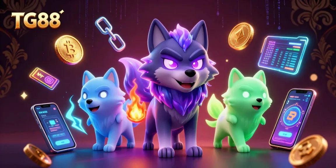 Engage with TG88's thrilling games through dynamic ghostly wolves and glowing crypto elements.