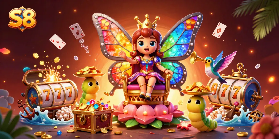 S8 presents an exciting casino scene with a butterfly queen, vibrant slots, and lively gambling elements.