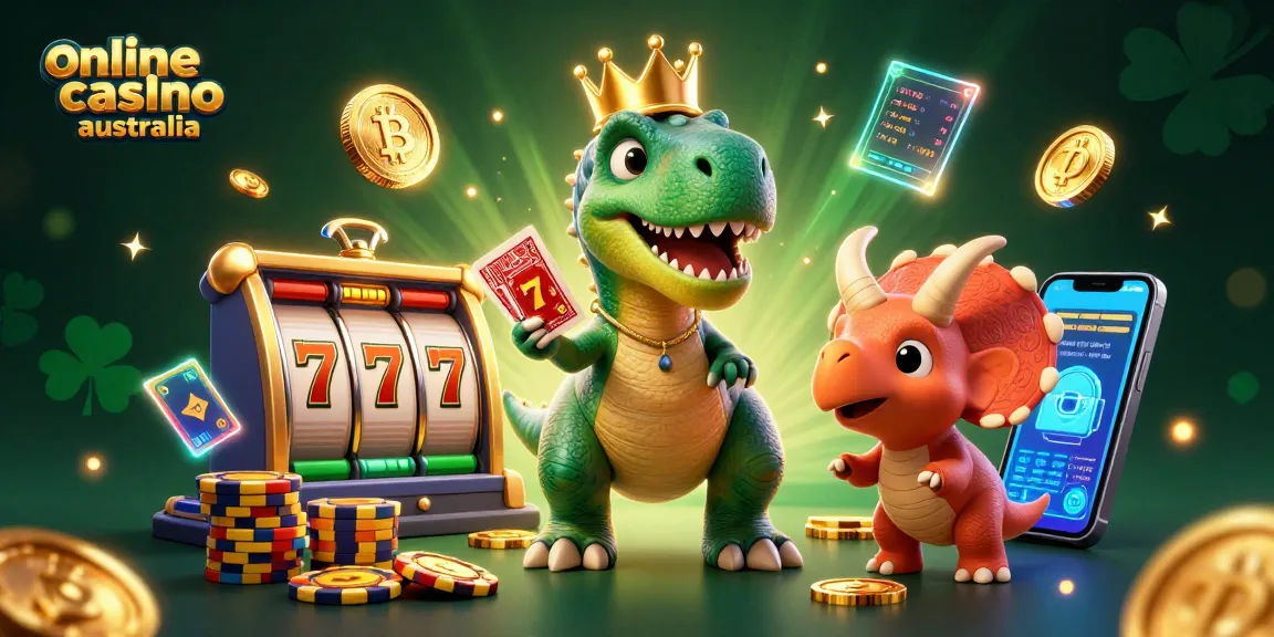 Join the excitement at online casino australia while a T-Rex plays cards with golden chips stacked by a friendly baby triceratops.