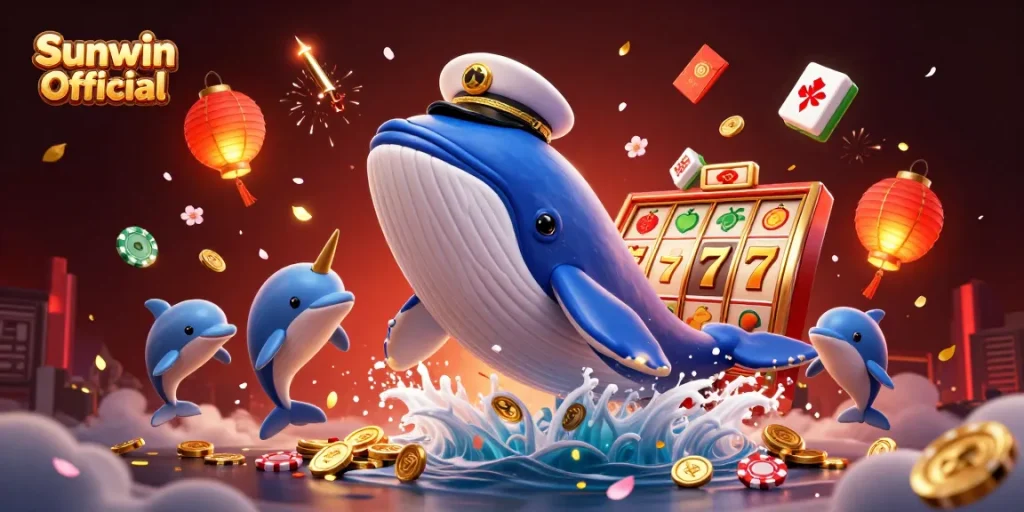 Experience the magic of gaming with Sunwin Official through vibrant illustrations of a cartoon whale, narwhal, and playful dolphins.