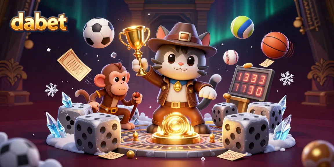 dabet showcases a cat archaeologist uncovering casino treasures amidst flying sports balls and festive lights.