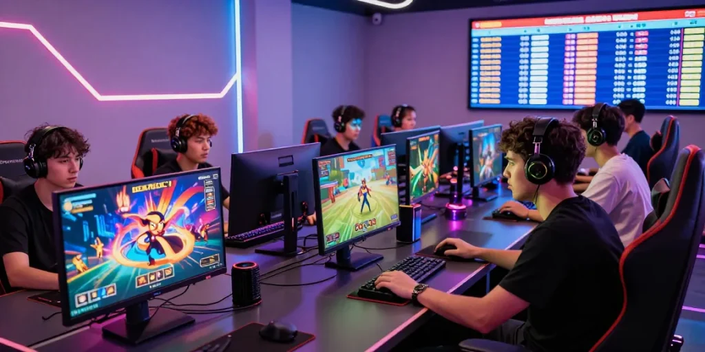 Intense online gaming session highlighting players enjoying various games at https://qs88.us/ in a vibrant studio.