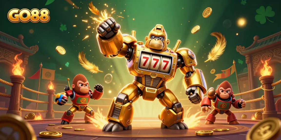 Engage with GO88's thrilling casino action featuring a golden gorilla mech and vibrant game elements.