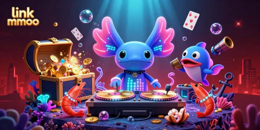 Experience thrilling gaming moments with a vibrant scene of link mmoo showcasing a neon-themed underwater casino with lively characters.
