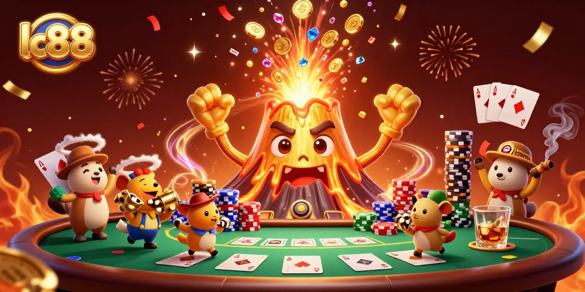 Experience thrilling wins at lc88 with a vibrant poker scene featuring a golden volcano erupting with coins.