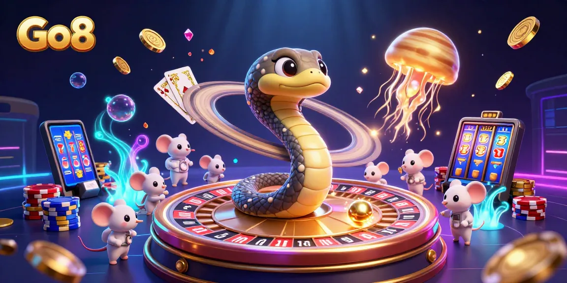 Experience thrilling bets at Go8 with a cosmic dealer amid vibrant casino elements.