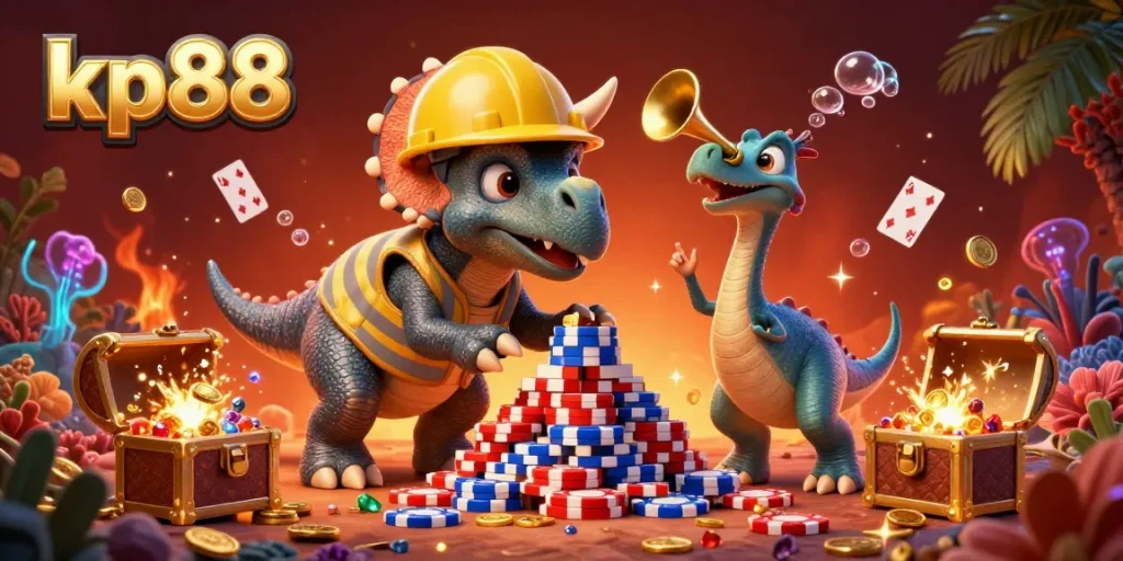 Engaging kp88 casino scene with triceratops and parasaurolophus celebrating amidst poker chips and underwater treasures.