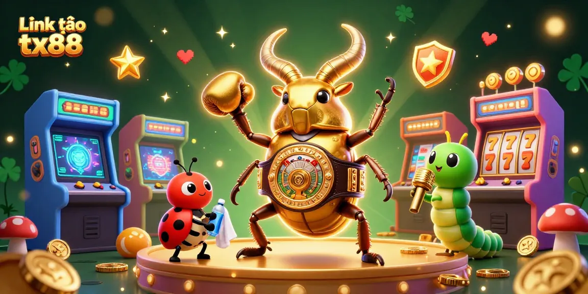 Engage in thrilling gaming action with Link vào tx88 featuring a 3D golden beetle champion in an electrifying casino scene.