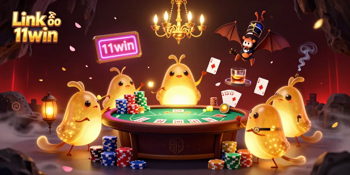 Experience thrilling gaming with Link vào 11win at this vibrant 3D casino illustration featuring animated characters.