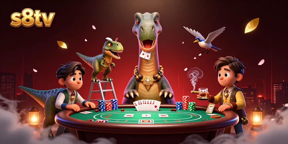 s8tv interactive poker scene featuring a cartoon dinosaur and clever raptor dealing cards