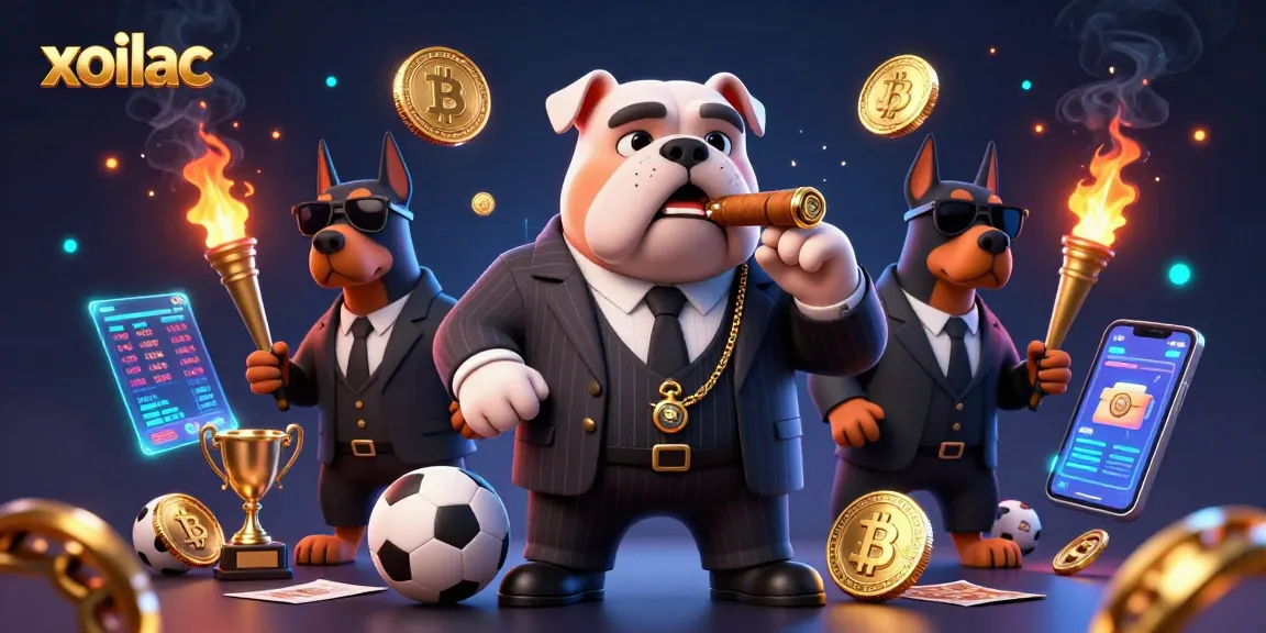 Xoilac features a mafia boss bulldog and Doberman bodyguards amidst a vibrant sports betting scene.