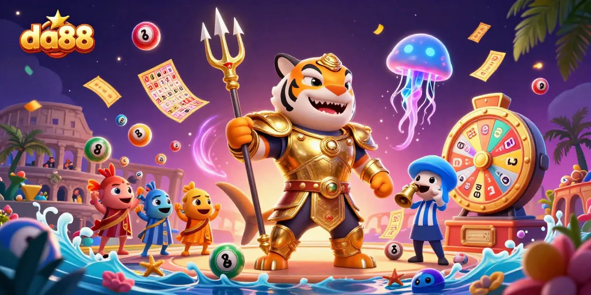 Experience the excitement of da88 with vibrant lottery elements and a dynamic underwater scene.