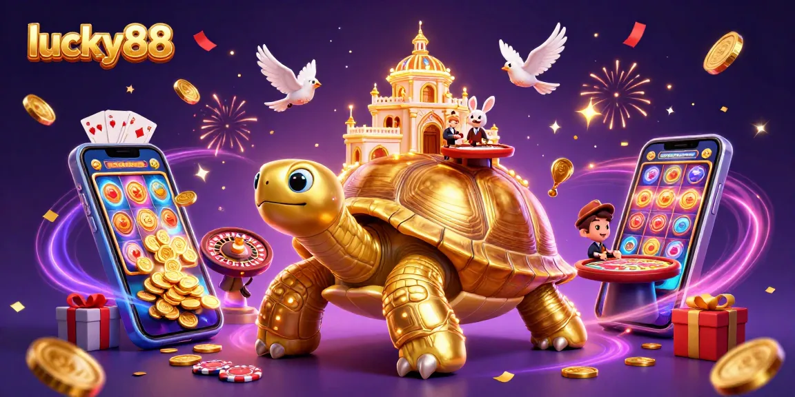 Engage with lucky88 in an exciting 3D casino scene featuring a golden tortoise and a rabbit dealer.