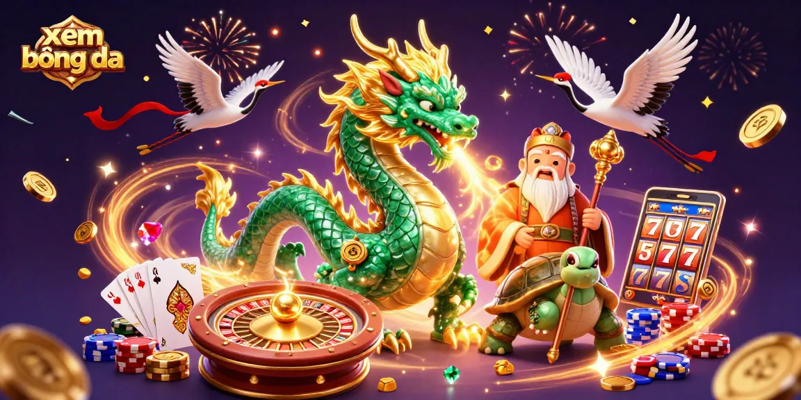 Xem bóng đá with shimmering treasures and dynamic characters celebrating a gaming win.