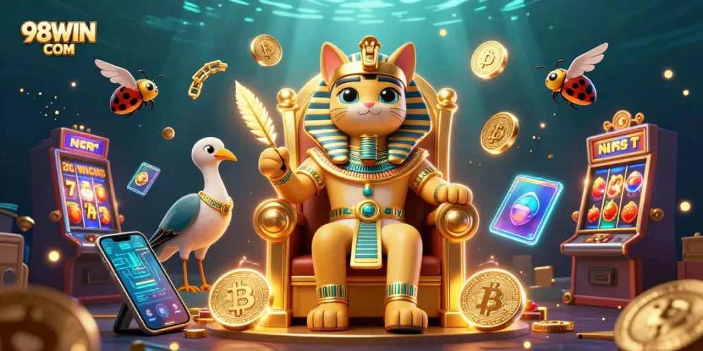 Experience the thrill of 98WIN COM with an Egyptian cat and crypto elements in a vibrant casino scene.