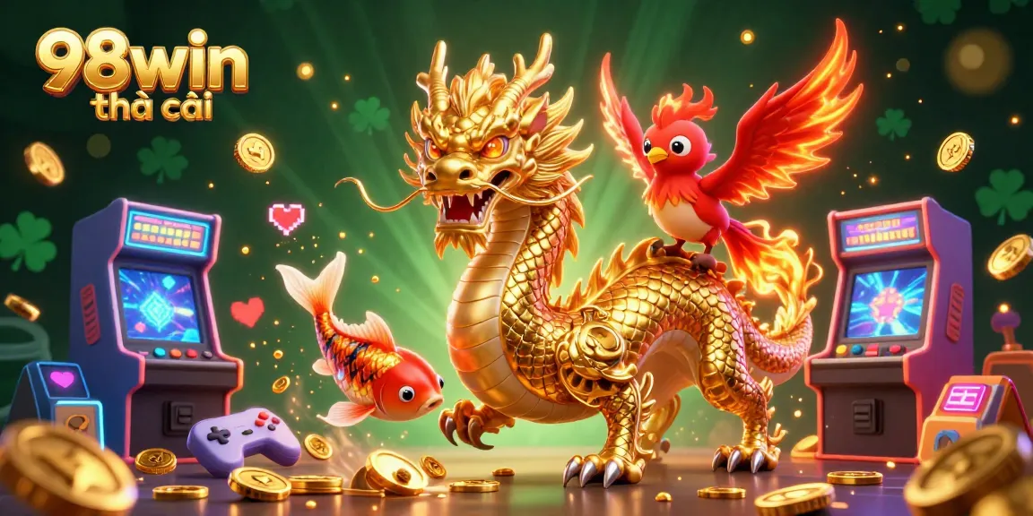 Gamble and win at 98win nhà cái with exciting 3D games featuring a dragon, phoenix, and koi fish.