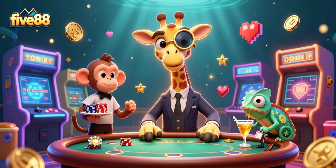 Experience the excitement of five88 with a vivid casino scene featuring a high-roller giraffe.