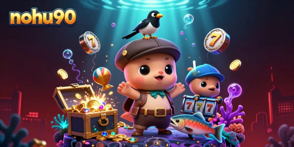 Enjoy thrilling jackpot opportunities with nohu90 surrounded by vibrant elements and colorful treasures.