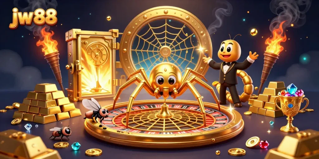 Engage with the exciting world of jw 88 as a golden spider spins a roulette wheel web while treasures burst around.