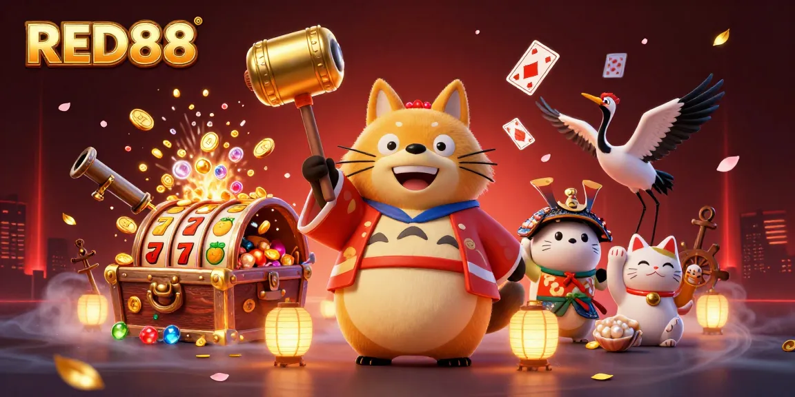 RED88 showcases a vibrant 3D casino scene with lucky symbols and festive characters enhancing the gaming experience.