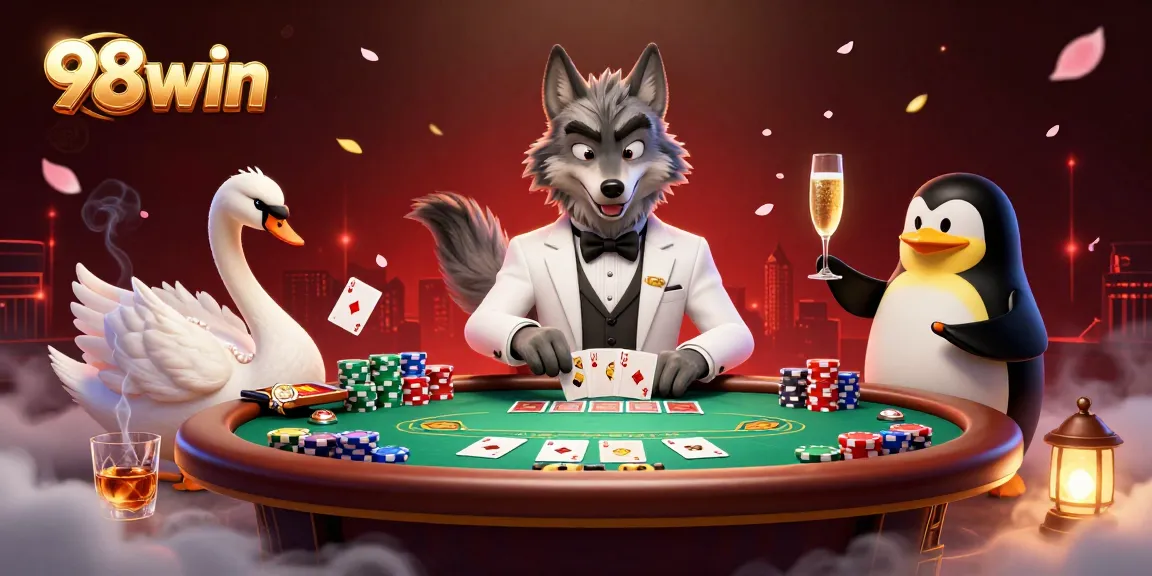 Experience thrilling baccarat at 98win with a captivating 3D cartoon casino scene featuring a wolf, swan, and penguin.