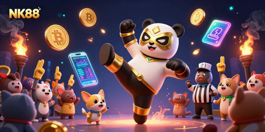 Engage with thrilling NK88 betting action featuring a panda wrestler and cryptocurrency icons.