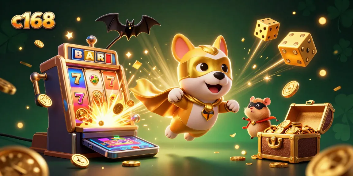 Experience vibrant gameplay with c168 in this dynamic casino-themed illustration featuring a superhero dog and golden elements.