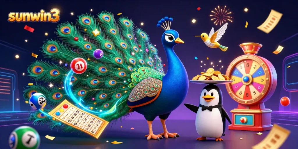 Experience the vibrant fun of sunwin3 with a peacock, butler, and hummingbird amid dynamic lottery elements.