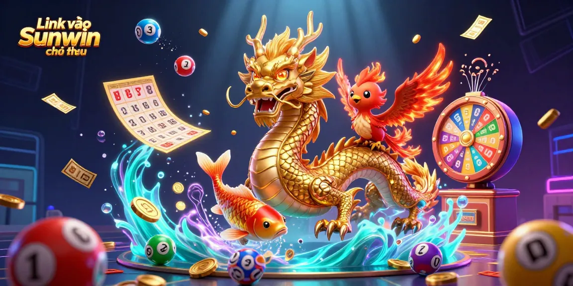 Engage in thrilling action with Link vào Sunwin chính thức amidst vibrant casino elements like lottery balls and golden coins.