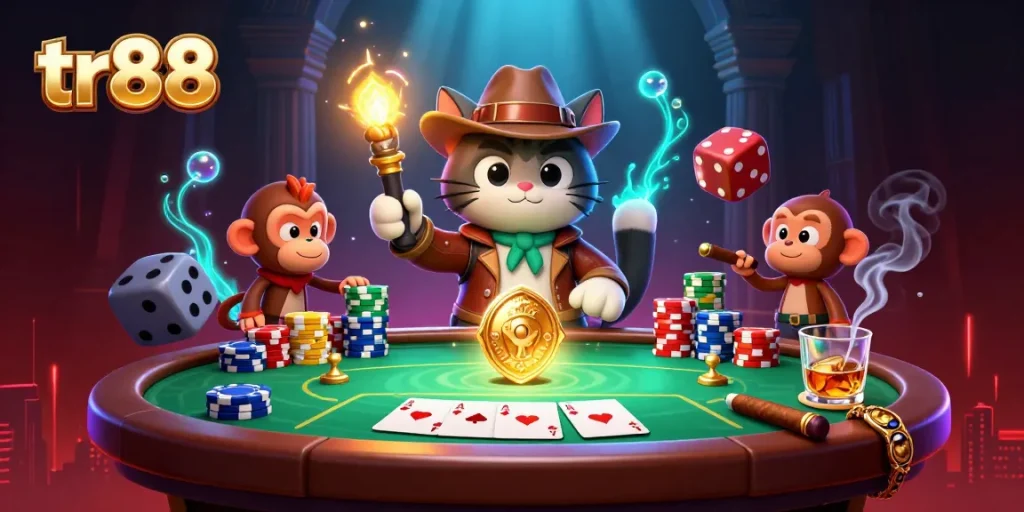 Experience thrilling action at tr88 with a cartoon cat archaeologist uncovering a golden casino artifact amidst vibrant poker elements.