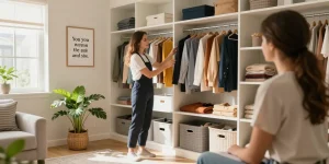 Closet organizing Ottawa: Professional organizer helping client sort clothing in a bright, modern bedroom space.