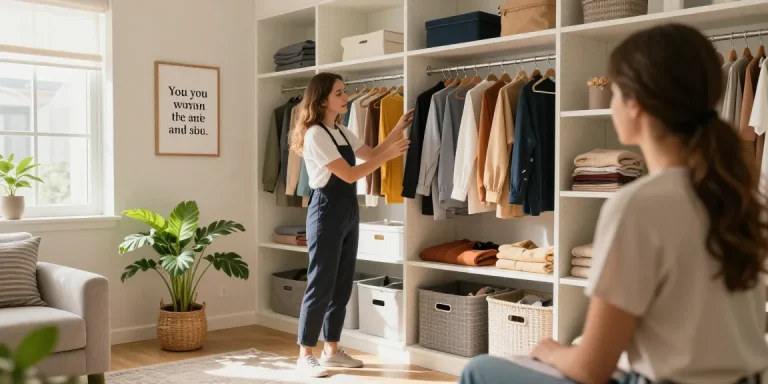 Closet organizing Ottawa: Professional organizer helping client sort clothing in a bright, modern bedroom space.
