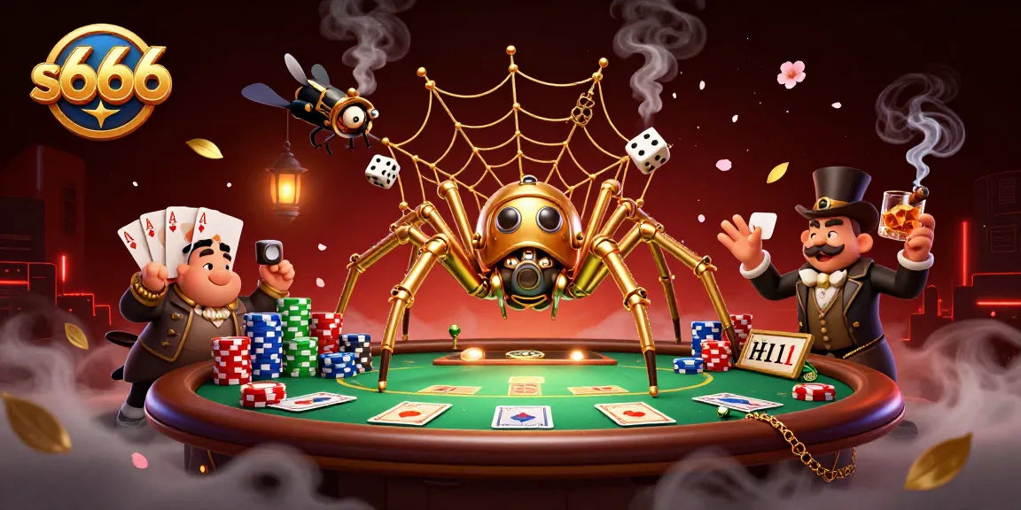 Engage with the dynamic scene of s666 showcasing a golden spider in a casino web, capturing dice in its intricate design.