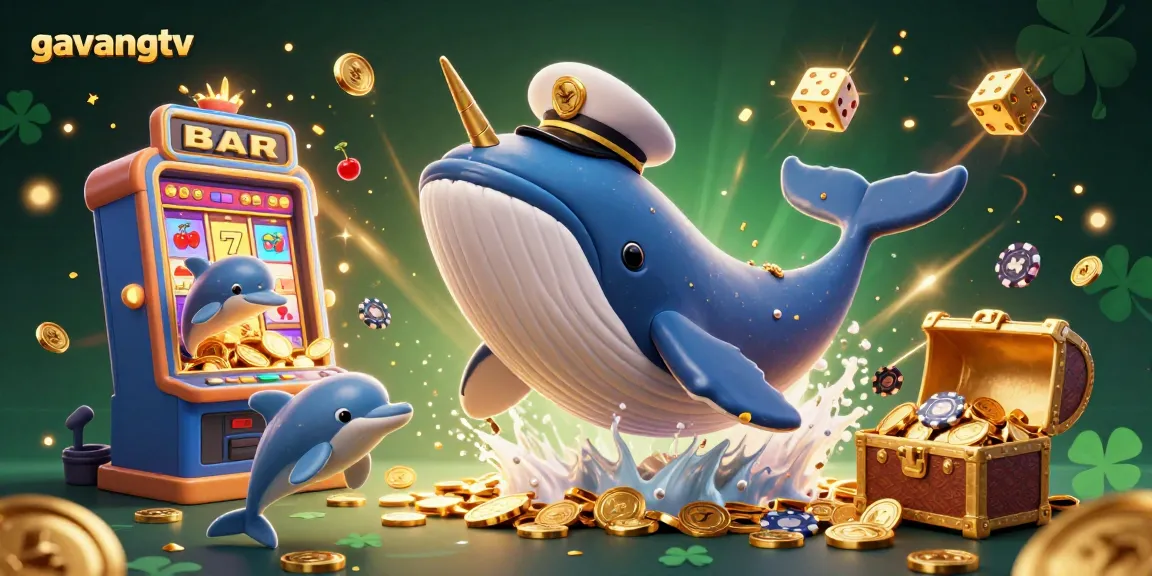 Gavangtv captures the excitement of winning with a vibrant scene of a giant whale and playful dolphins amidst flying casino elements.