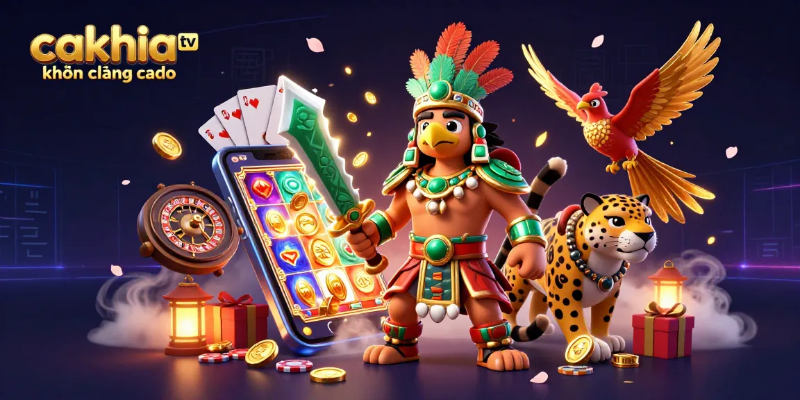 Experience cakhia tv không quảng cáo with engaging 3D Aztec characters and vibrant gaming elements.